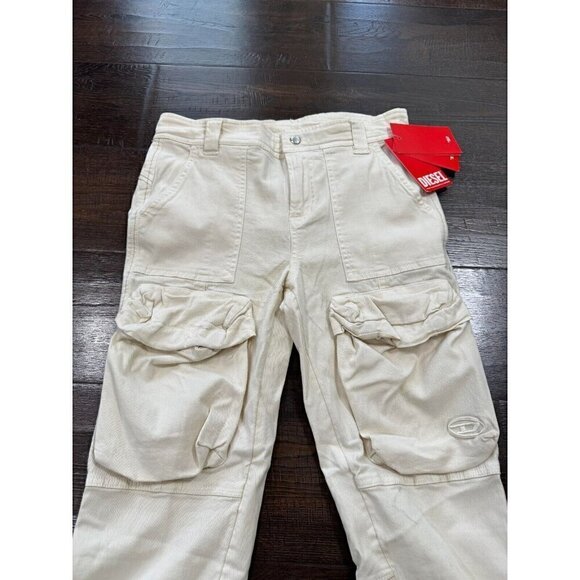 NWT Diesel Women P-Lan Trousers Slim Cut Cargo Pockets Zip Button Cream Size 24 - Picture 2 of 13
